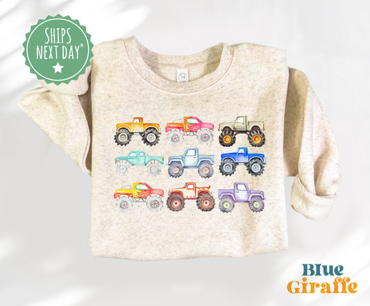 Colorful Monster Trucks Toddler Shirt & Kids Sweatshirt